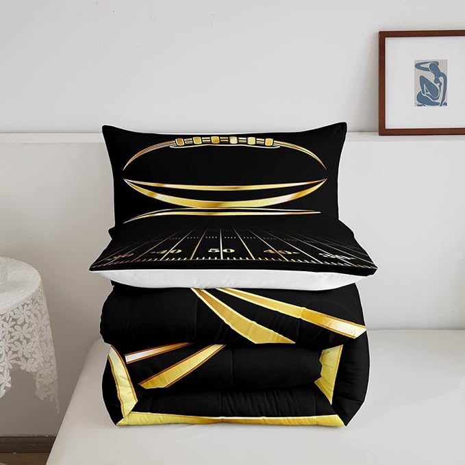 Feelyou Football Bedding Set King Kids Rugby Sports Comforter Set American Football Comforter Set for Boys Golden Black Room Decor Quilt with 2 Pillow Case Boys - LeafyLoom