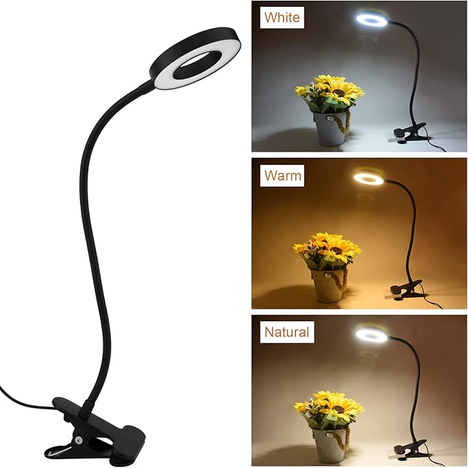 LED Clip On Light Reading Light, 10 Dimmable Brightness Gooseneck Clamp Desk Ring Light with Metal Bookmark for Reading Makeup Bedside (Size:Lamp+Bookmark) - LeafyLoom