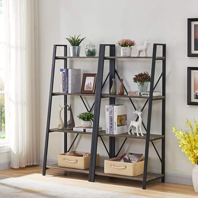 BON AUGURE Rustic Ladder Bookshelf, 4 Tier Industrial Ladder Shelf Bookcase, Standing Leaning Book Shelves for Living Room (Dark Gray Oak) - LeafyLoom