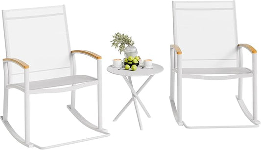 Shintenchi 3 Piece Outdoor Rocking Bistro Set, Textilene Fabric Small Outdoor Furniture, Front Porch Rocker Chairs Conversation Set with Table for Lawn, Garden, Balcony, Poolside (White) - LeafyLoom