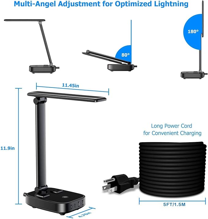 LED Desk Lamp with 4 USB Charging Ports and 2 AC Outlets,5ft Extension Cord Power Strip Station, 3 Level Brightness, Touch Dimmer Control, Office Table Eye Care Lamp bedroom hotel - LeafyLoom