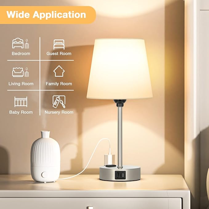 Table Lamps for Bedrooms Set of 2 Bedside - Nightstand with USB C Port and AC Outlet Charging, Dimmable Touch Small White End Side Lamp Light for Kid/Guest Room/Living Room - LeafyLoom