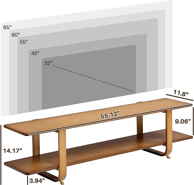 HollyHOME Bamboo TV Stand with Storage for TVs up to 65'', Modern Entertainment Center with 2 Open Shelf, Accent TV Media Console Table for Living Room, Bedroom, 55"(L), Walnut - LeafyLoom