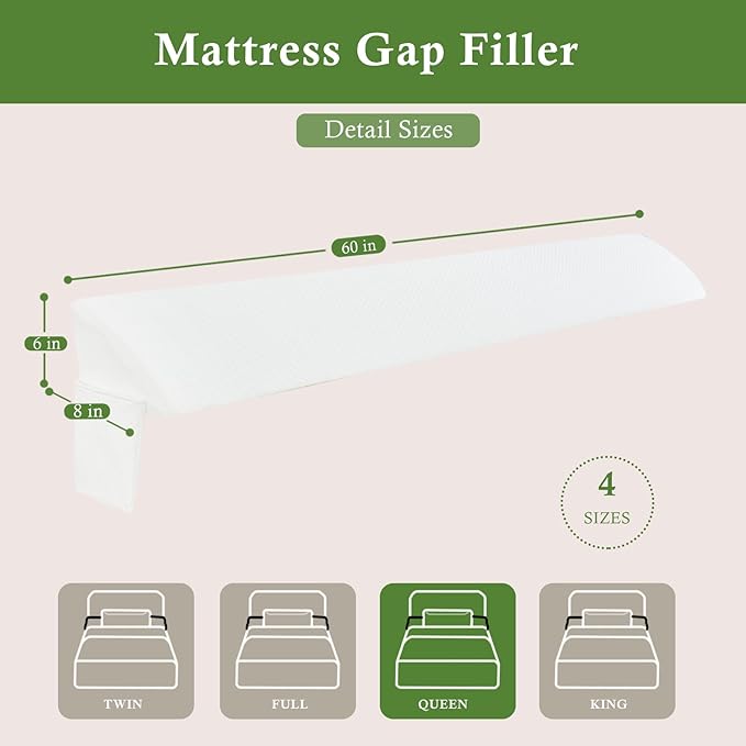 Bed Wedge Pillow for Headboard, Bed Gap Filler Queen of Headboard Pillow, Mattress Gap Filler Made with Triangle Pillow to Close The Gap (0-8") Between Headboard/Wall and Mattress (White, 60"x8"x 6") - LeafyLoom