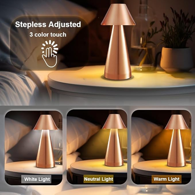 Portable Metal Desk Lamp, Cordless Metal LED Table Lamp,3 Color Touch Control Rechargeable Lamp,3-Levels Brightness Room Decor Desk Lamp,Bedside Lamp,Dining Room Lamp (Rose Gold) - LeafyLoom