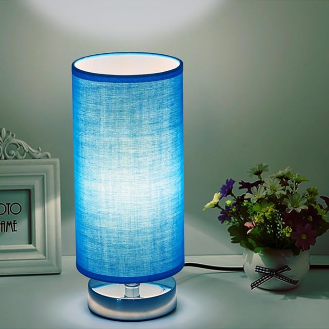 Table Lamp, Bedside Nightstand Lamp, Simple Desk Lamp, Cylinder Table Lamp for Bedroom Living Room Office Study, Blue Shade and Silver Base - LeafyLoom