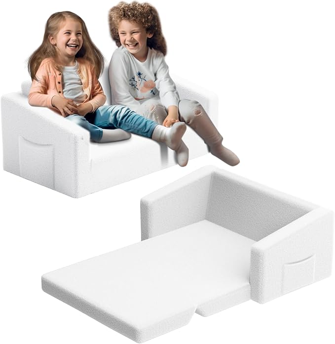 Extra Wide 2 Seater Kids Couch, 2-in-1 Toddler Chairs for Boys & Girls, Kids Sofa with Storage, Comfortable Mini Couch for Kids, Fun Kids Lounge Chair, Toddler Furniture,Children's Gifts(white) - LeafyLoom