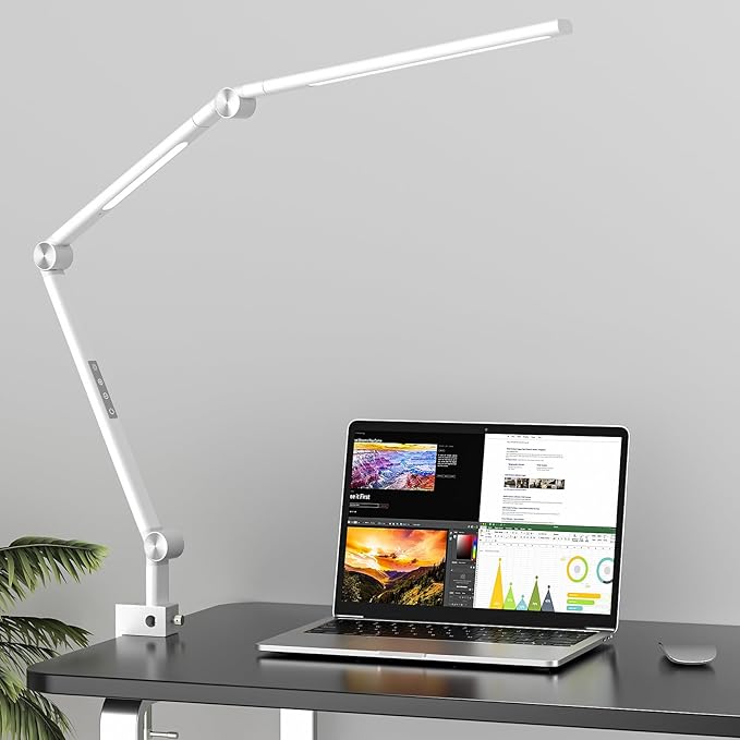 LED Desk Lamp, Desk Light for Home Office, Dual Light Source, Eye-Caring Optical Lens, 5 Color Modes & Brightness, Office Lamp, Clamp Lamp with Timer/Memory Function, 18W Nail Light - LeafyLoom