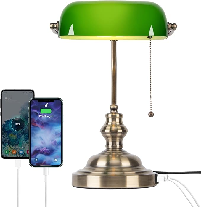 FIRVRE Green Glass Bankers Lamp, Retro Lamp with USB and Type C Charging Ports, Pull Chain Switch Desk Lamp with Brass Base, Vintage Desk Lamp for Home Office Workplace Study Room Bedroom - LeafyLoom