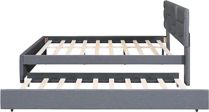 Queen Size Upholstered Platform Bed with Brick Pattern Headboard and Twin XL Size Trundle,Bedroom Bed Frame w/Linen Fabric,Wooden Slats Supproted,for Teens Kids Adults,Gray - LeafyLoom