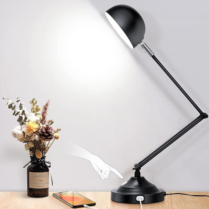 Touch Control LED Desk Lamp with USB Charging Port, Architect Black Metal Lamp with Adjustable Swing Arm, Dimmable Modern Table Lamp for Home Office Reading Study, 3000K/4000K/5000K 3 Color Modes - LeafyLoom