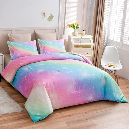 Holawakaka Girls Ombre Glitter Comforter Set, Twin Size Gradient Rainbow Galaxy Print Kids Bedding Sets, Multi-color Ultra-soft Dorm Bed Set (Pink Green, Twin) - LeafyLoom