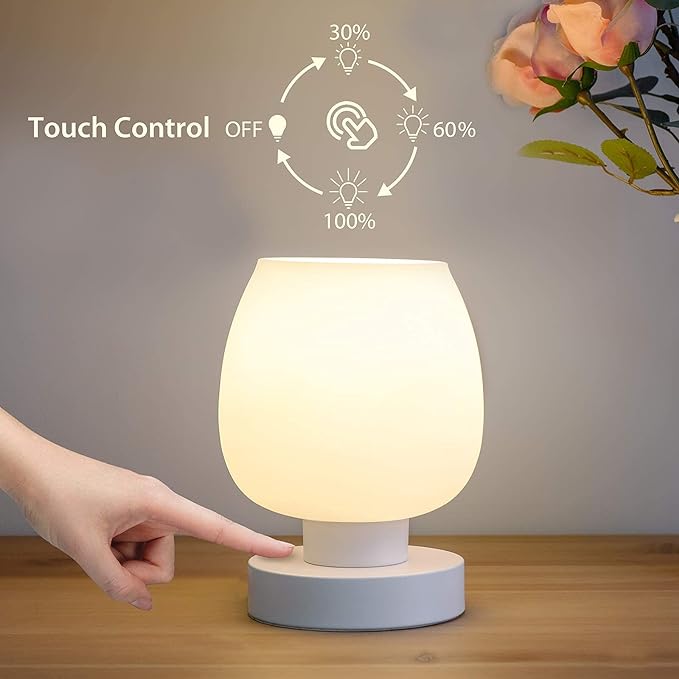 Touch Bedside Table Lamp - Modern Small Lamp for Bedroom Living Room Nightstand, Desk lamp with White Opal Glass Lamp Shade, Warm LED Bulb, 3 Way Dimmable, Simple Design Mother's Day Gifts - LeafyLoom