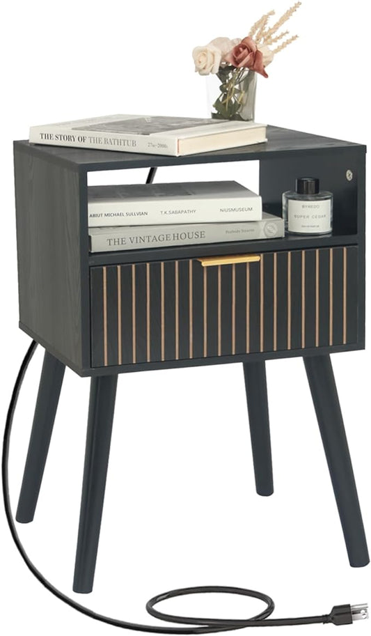 Black Nightstand with Charging Station, Mid Century Modern Bedside Table with Open Shelf and Storage Drawer, End Table with Solid Wood Legs, Black - LeafyLoom