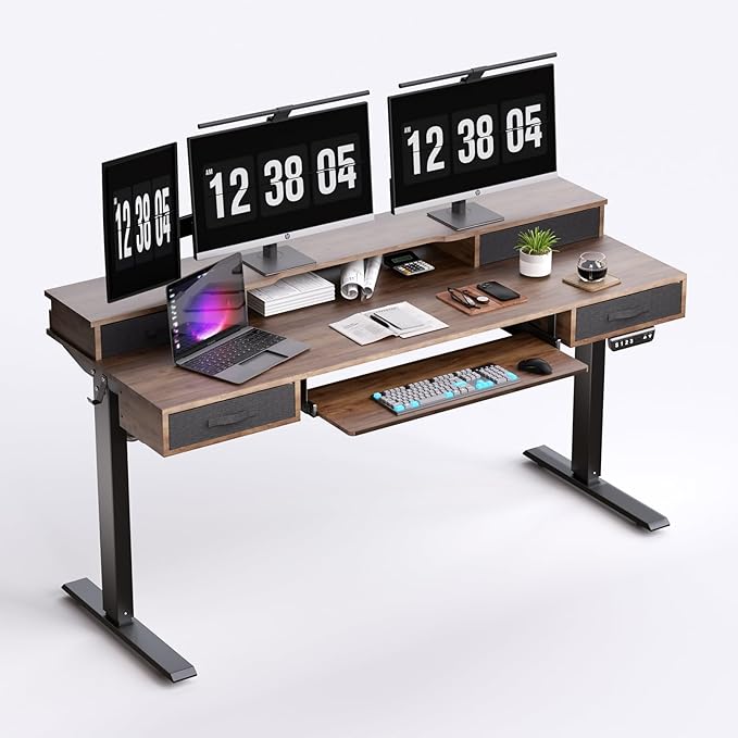 Electric Standing Desk, Multifunctional Standing Desk Adjustable Height, 63 * 24 Standing Desk with 4 Drawers, Ergonomic Adjustable Standing Desk with Keyboard Tray, Rustic Brown - LeafyLoom