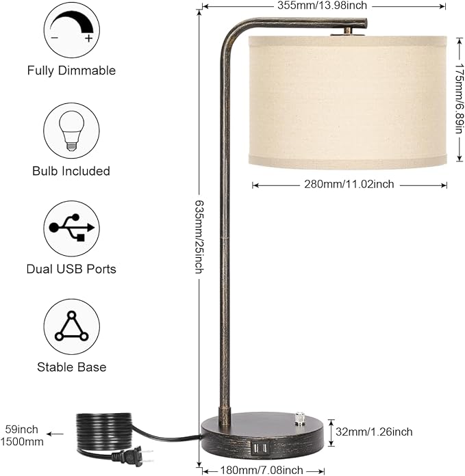 USB Bedside Lamp, Industrial Side Table Lamp with Dual USB Charging Ports, Fully Dimmable Nightstand Lamp, Tall Reading Lamp Desk Lamp for Bedroom, Living Room, Office, 9W LED Bulb Included - LeafyLoom