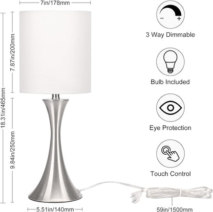 Touch Control Table Lamp, 3-Way Dimmable Bedside Lamp for Living Room, Modern Nightstand Lamp for Bedroom, Silver Table Lamp with White Shade, Desk Lamp for Dorm, Home, Office, 3000K LED Bulb Included - LeafyLoom