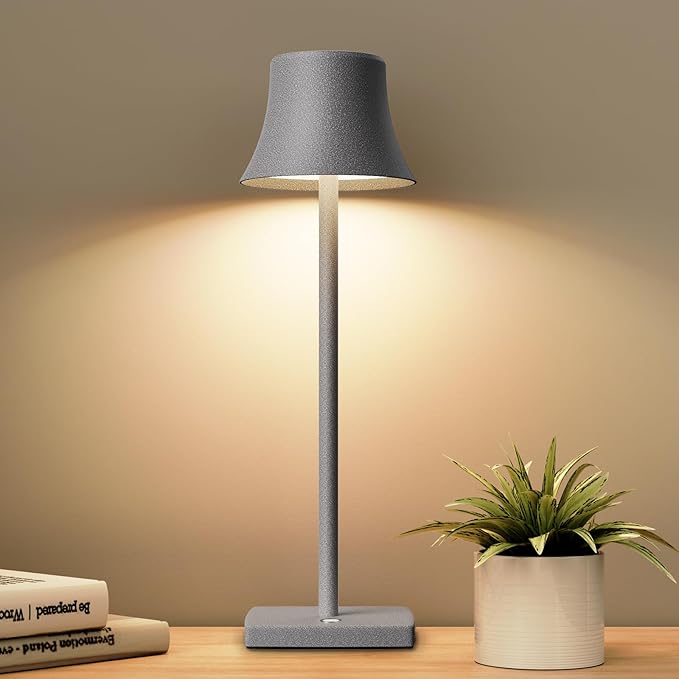 Cordless Table Lamp, Rechargeable Battery 5000mAh Metal Aluminum Housing USB LED Portable Powered Desk Lamp, 2 Levels Brightness Night Light for Restaurants Bedroom Outdoor (ferrous gray) - LeafyLoom