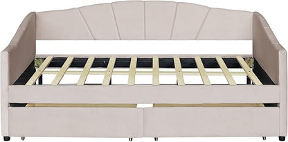 Twin Size Upholstered Daybed with Two Drawers, Wood Slat Support Sofa Bed with Armrest, No Box Spring Needed, Easy to Assemble, for Studio, Bedroom, Living, Guest Room, Beige - LeafyLoom