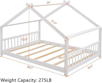 Bellemave Full Montessori Floor Bed Frame, White, Modern Style, No Box Spring Needed, Headboard Included, 275lb Weight Capacity - LeafyLoom