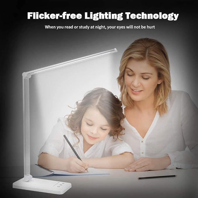 Led Desk Lamp, Desk Lamp with USB Charging Port, 5 Color Modes, 10 Brightness, Natural Light, Eye Caring Reading Lamp, Desk Light for Home Office, Table Lamp, Touch Control, Auto-Timer, White - LeafyLoom