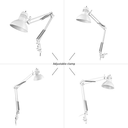 Globe Electric 52847 31.5" Swing Arm Clamp-On Desk Lamp, Glossy White, Nickel Accents, On/Off Rotary Switch, Partially Adjustable Swing Arm, Reading Light, Home Essentials, Office Décor - LeafyLoom