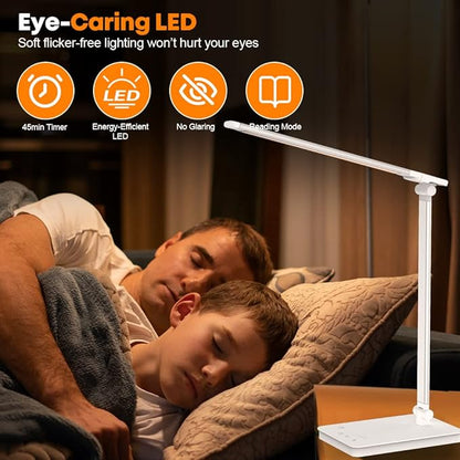 Desk Lamp Eye-Caring LED Table Lamp Dimmable Bedside Lamp with 2 USB Charging Ports and 10 Brightness Levels x 5 Colour Modes Touch Control Daylight Lamp for Office, Bedside, Reading- Auto Timer - LeafyLoom