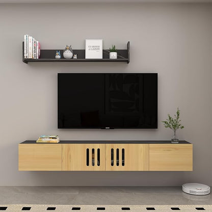 Pmnianhua Mid Century TV Stand,85'' Wall Mounted TV Cabinet,Low TV Bench Under TV Entertainment Center Shelf TV Console Table with 4 Cabinets for Living Room Bedroom(Light Oak) - LeafyLoom