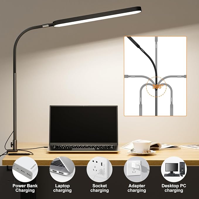 SKYLEO Desk Lamp - Desk Light for 33.5" Tall - Flexible Gooseneck - 5 Color Modes X 11 Brightness Levels - 1300LM - Timmer & Memory Function - 12W Clip on Light - Black - LeafyLoom