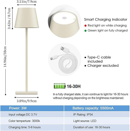 2-Pack LED Cordless Table Lamp, Rechargeable Battery Desk lamp 3W 5500mAh Battery Operated Stepless Dimming Modern Portable Table Light for Restaurant/Bedroom/Outdoor IP54 Waterproof (Off White) - LeafyLoom