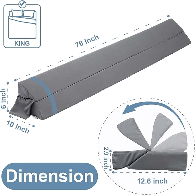 Limthe King Bed Wedge Pillow,Bed Gap Filler,Headboard Pillow,Mattress Gap Filler(0-7"),Foam Wedge Pillow Fill Gap Between Headboard/Wall and Mattress Grey 76"x10"x6" - LeafyLoom