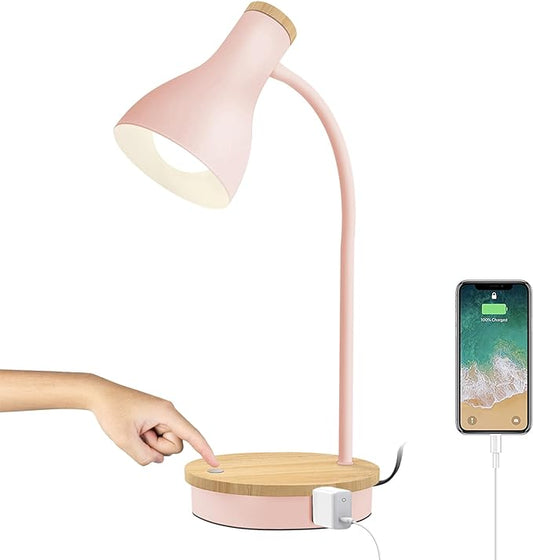 Metal Desk Lamp Touch Reading Lights Table Lamp Arc Desk Lamps for Bedroom, 3 Way Dimmable Bedside Lamp with USB Charging Ports, Reading Lamp for Study Room and Office (Pink-02) - LeafyLoom