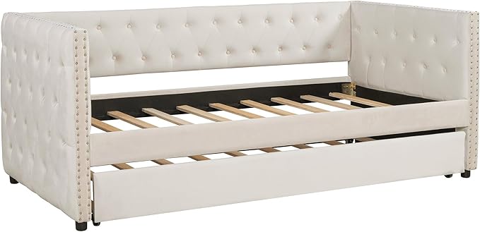 Twin Size Tufted Upholstered Daybed with Trundle, Solid Wood Velvet Bed with Rivet, Box-spring Needed, Space-Saving Design, for Living Room, Bedroom, Dorm, Beige-6 - LeafyLoom