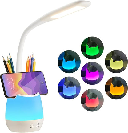 Donewin Rechargeable LED Desk Lamp with Color Changing Light, Pen and Phone Holder - Perfect Study and Reading Lamp for Kids, Teens, and Students - Great Gift for College Dorm Rooms - LeafyLoom