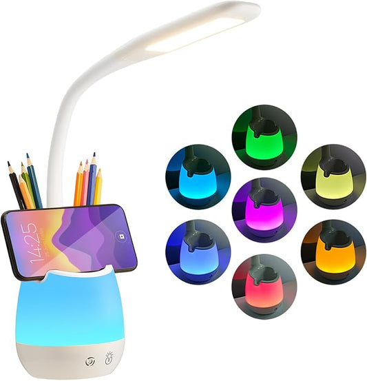 Donewin Rechargeable LED Desk Lamp with Color Changing Light, Pen and Phone Holder - Perfect Study and Reading Lamp for Kids, Teens, and Students - Great Gift for College Dorm Rooms - LeafyLoom