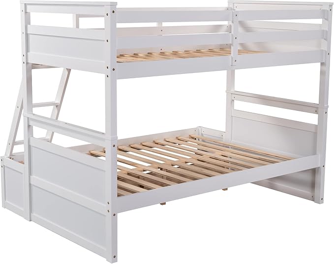 Bunk Bed Frame, Twin Over Full Bunk Bed with Safety Guardrail, Staircase and 2 Underbed Storage Drawers, Ideal Bed Frame for Kids Teens Girls Boys, Space Saving Bedroom Furniture, White - LeafyLoom