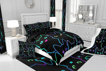 Erosebridal Cute Cat Kids Comforter Neon Rainbow Line Cat King Bedding Set for Boys Girls Teen Cartoon Kawaii Cats Toddler Bed Set Colorful Animals Quilt Set Reversible Black,2 Pillow Cases - LeafyLoom