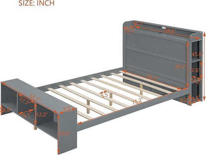 Merax Wood Bed Frame with Cabinets Full Size,Wooden Platform Bed with Storage Headboard,Footboard,Light and USB Ports,Kids Bed Frame Full Size - LeafyLoom