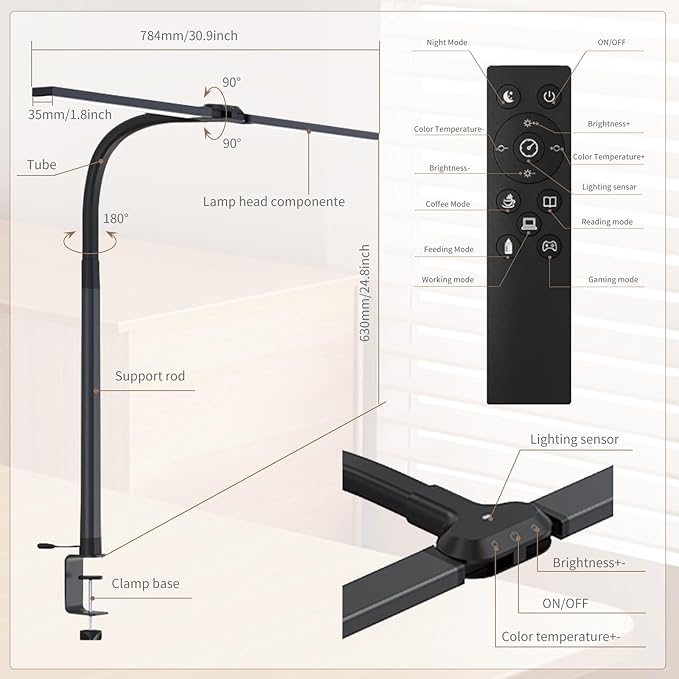 LED Desk Lamp for Home Office, Gooseneck Desk Light Architect Clip on office Lamp with 10 Dimmable 7 Modes, 24W Sensor Auto Dimming Table Lights for Desk, Adapter Included - LeafyLoom