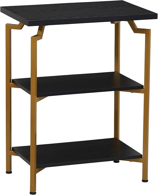 Household Essentials Crown Narrow 3 Shelf Open Storage Bookshelf Black Oak Wood Grain and Gold Metal - LeafyLoom