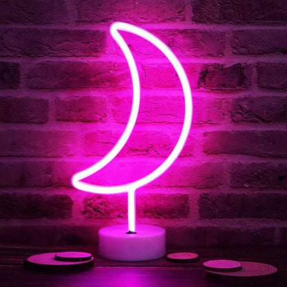 LED Neon Moon Lights, Moon Shape Neon Signs Crescent Night Lights Battery Operated Desk Table Lamp for Bedroom, Bar, Wall Decor-Moon with Holder Base(Pink) - LeafyLoom