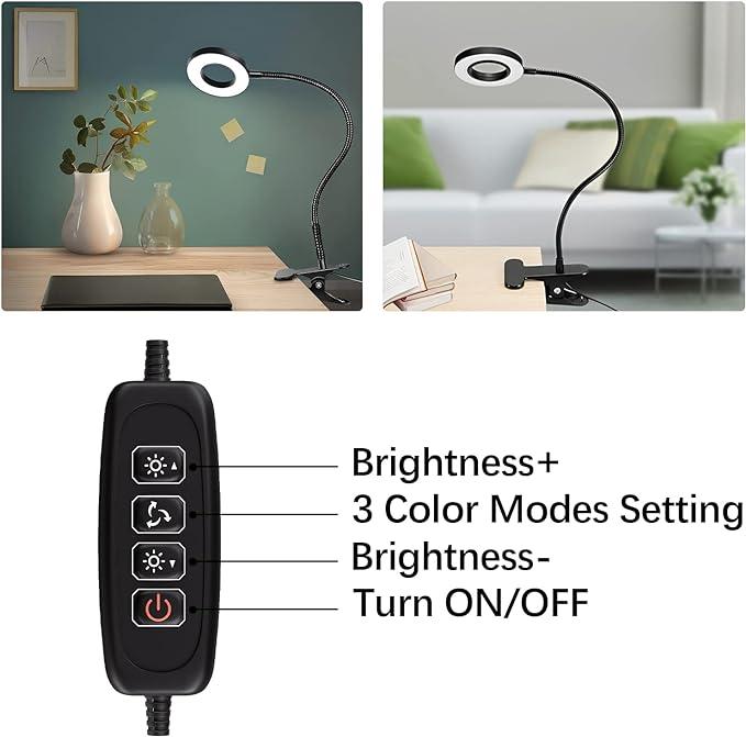 Juhefa Clip on Light, USB Powered LED Desk Lamp with Gooseneck for Reading in Bed, Headboard, Office, Makeup, 10-Level Dimmable, 3 Colors Changable (with Adapter) - LeafyLoom