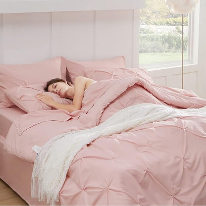 Bedsure King Size Comforter Set - Bedding Set King 7 Pieces, Pintuck Bed in a Bag Pink Bed Set with Comforter, Sheets, Pillowcases & Shams - LeafyLoom