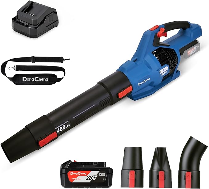 DongCheng Cordless Leaf Blower, 485 CFM Variable Speed & Turbo Mode, 3 Nozzles, Shoulder Strap, 4.0Ah Battery and Charger Included, Battery Powered Leaf Blower for Town Care, Patio and Blowing Leaves - LeafyLoom