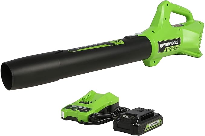 Greenworks 24V (90 MPH / 320 CFM / 125+ Compatible Tools) Cordless Axial Leaf Blower, 2.0Ah Battery and Charger Included - LeafyLoom