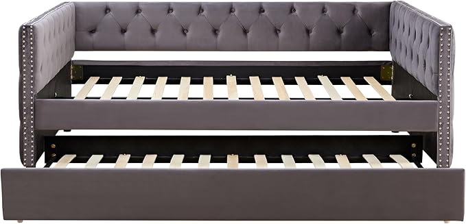 Full Size Velvet Upholstered Daybed with Trundle, Solid Wood Sofa Bed w/Button Tufted Backrest, for Living Room, Bedroom, Dorm, No Box Spring Needed, Space-Saving Design, Grey - LeafyLoom