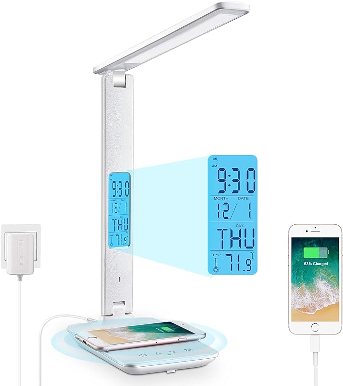 LAOPAO LED Desk Lamp with Wireless Charger, USB Charging Port, Adjustable Foldable Table Lamp with Clock, Alarm, Date, Temperature, 5-Level Dimmable Lighting, Office Lamp with Adapter, White - LeafyLoom