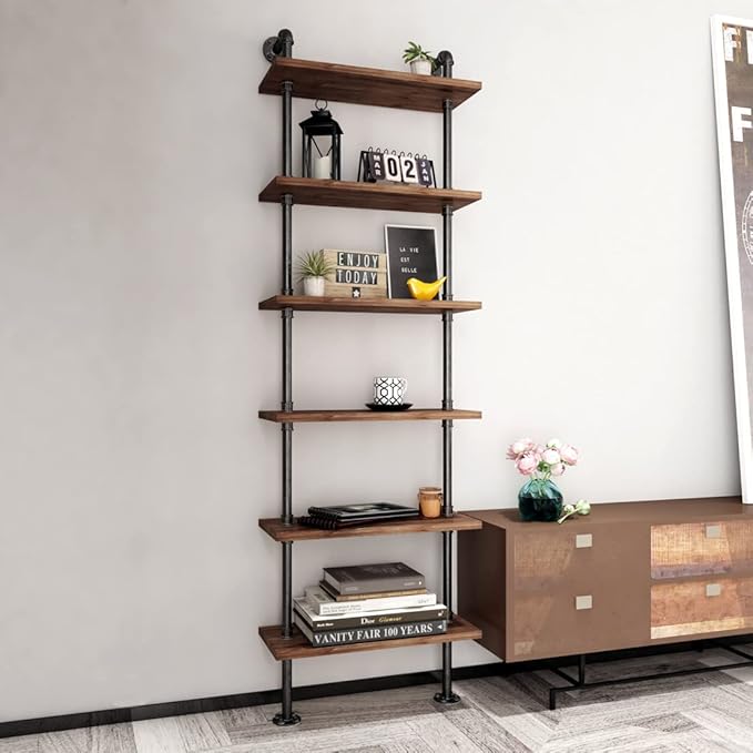 Industrial Pipe Bookshelves Rustic Wall Ladder Bookshelf Display Storage Stand Shelf Bookcase for Living Room, Kitchen, Office (6 Tier) - LeafyLoom