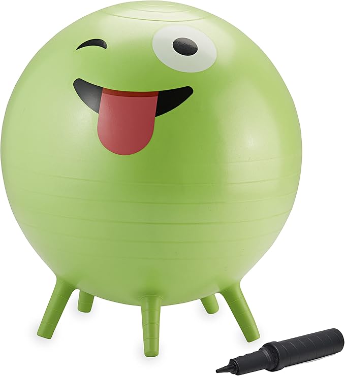 Gaiam Kids Stay-N-Play Children's Balance Ball, Flexible School Chair Active Classroom Desk Alternative Seating, Built-In Stay-Put Soft Stability Legs, Includes Air Pump, 45cm, Green Crazy Silly - LeafyLoom