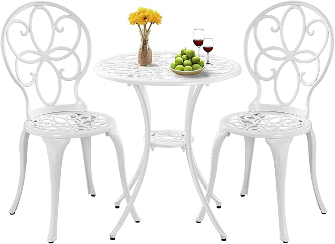 Patio Bistro Sets, Cast Aluminum Bistro Table and Chairs Set of 2 with Umbrella Hole, Bistro Set 3 Piece Outdoor, Metal Patio Furniture Set for Garden Porch, White - LeafyLoom